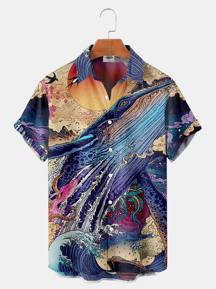 Mens Ukiyo-E Whale Sea Life Print Shirt