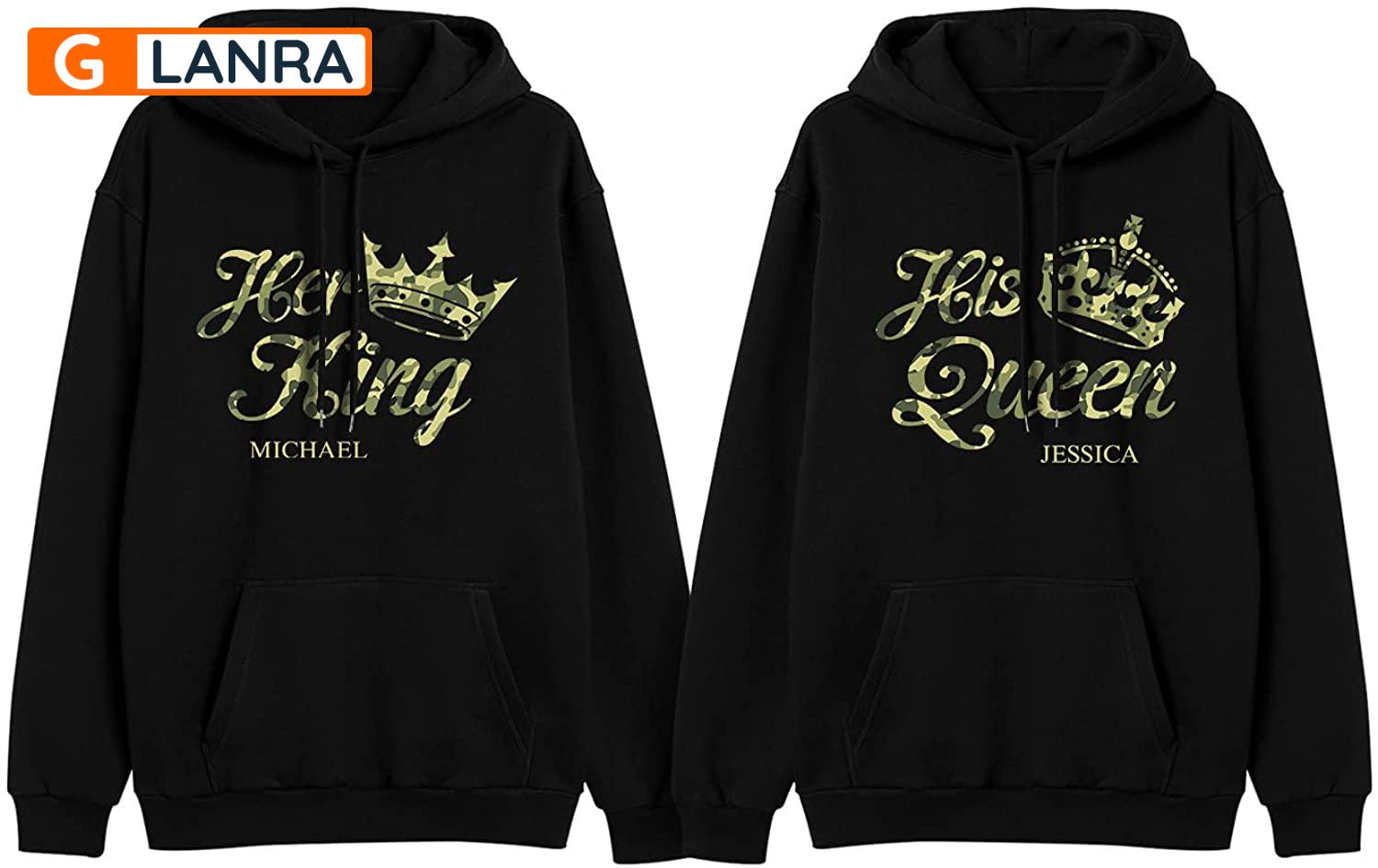 Personalized Her King His Queen Hoodie, Custom Crown Camouflage Couple Hoodie, Matching Couple Hoodie, Husband Wife Hoodie, Unisex Sweater, Sweatshirt