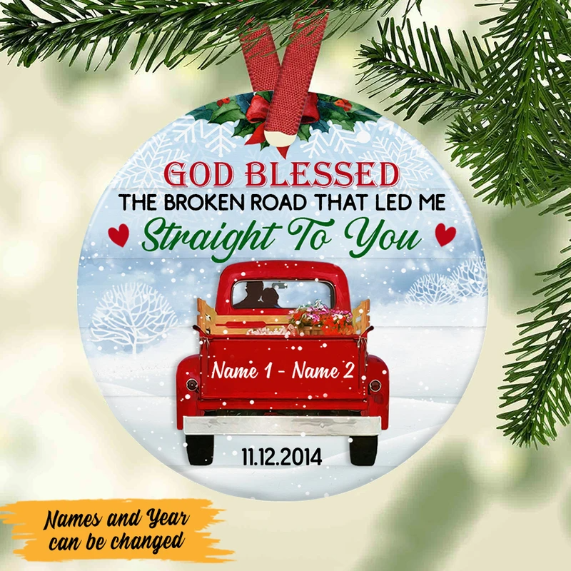 Love Couple Red Truck Christmas Ceramic Ornament