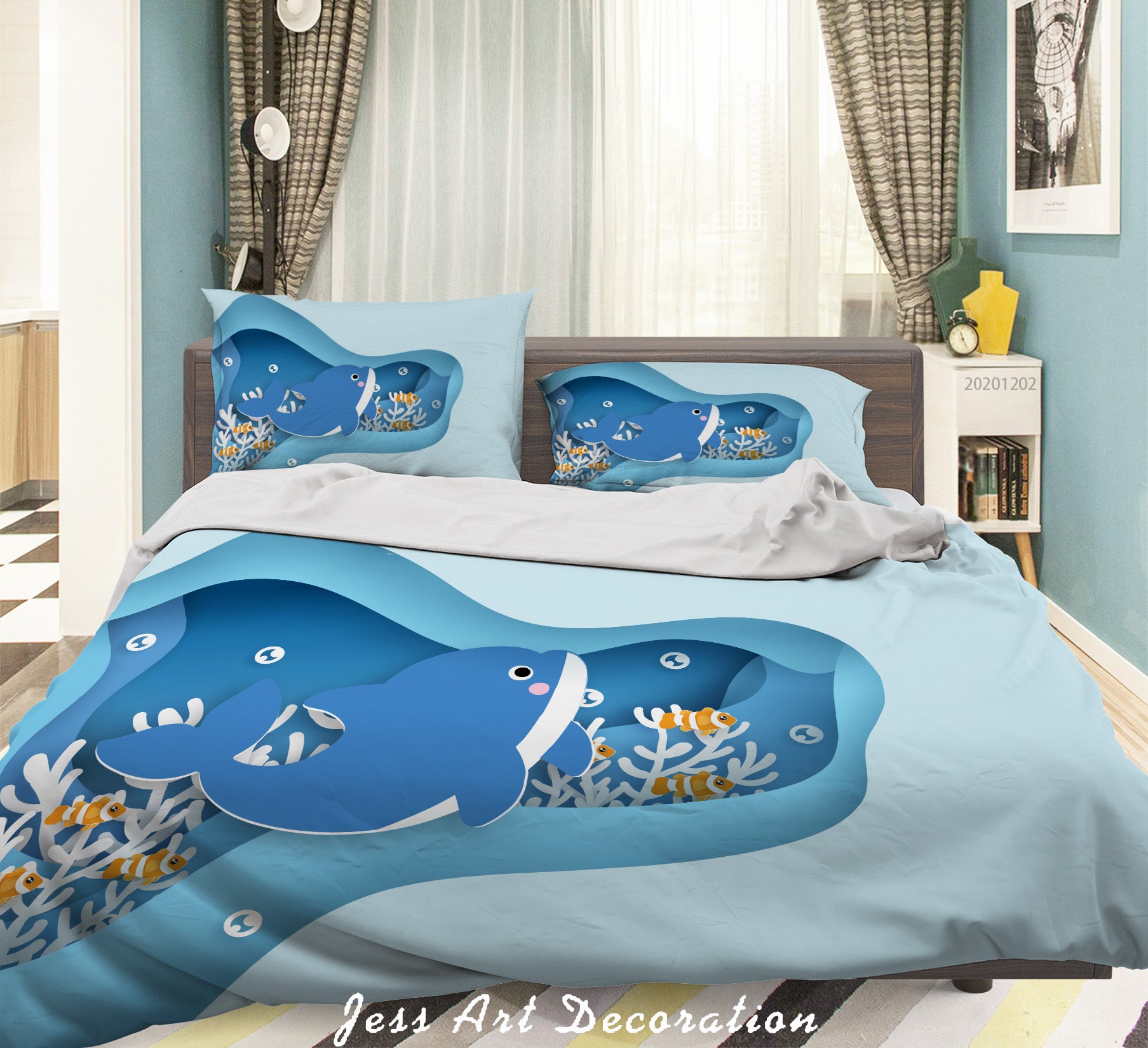 3D Cartoon Hand Drawn Blue Ocean Whale Fish Coral Quilt Cover Set Bedding Set Duvet Cover Pillowcases Lxl