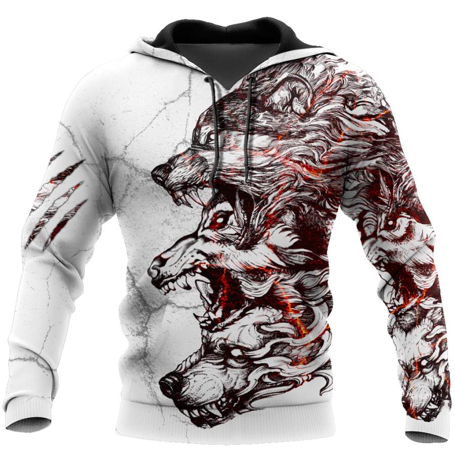 3D Three Gray Wolfs White Tattoo Over Printed Shirt for Men and Women TP