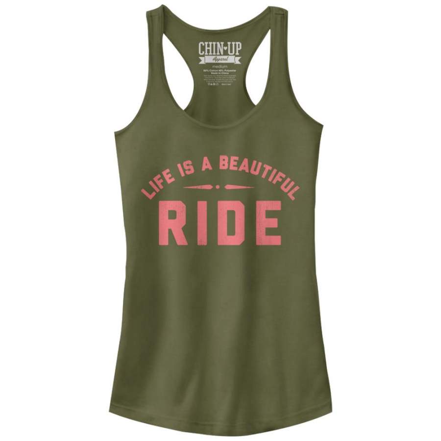 CHIN UP Junior’s Life is a Beautiful Ride  Racerback Tank Military Green