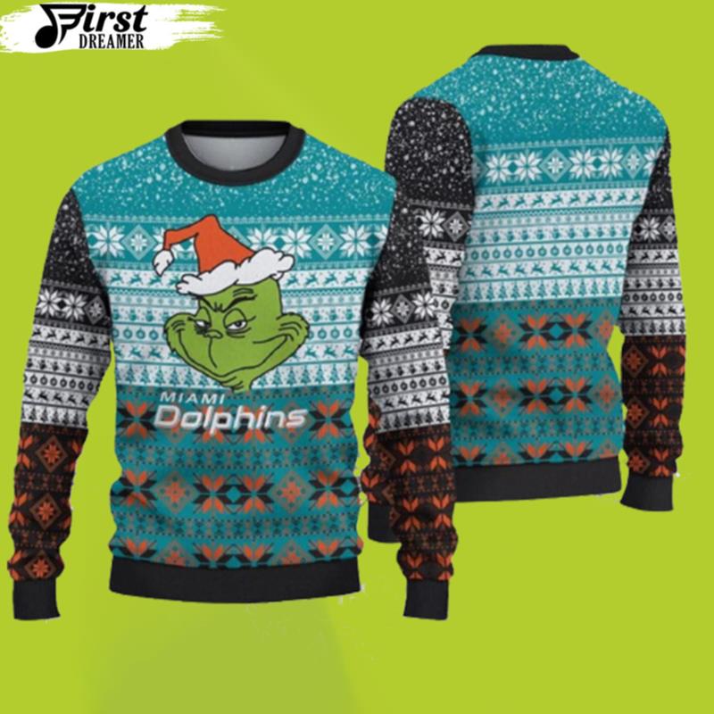 Miami Dolphins Christmas Grinch Gift For Fan Ugly Wool Sweater Christmas Dolphins Christmas Sweater