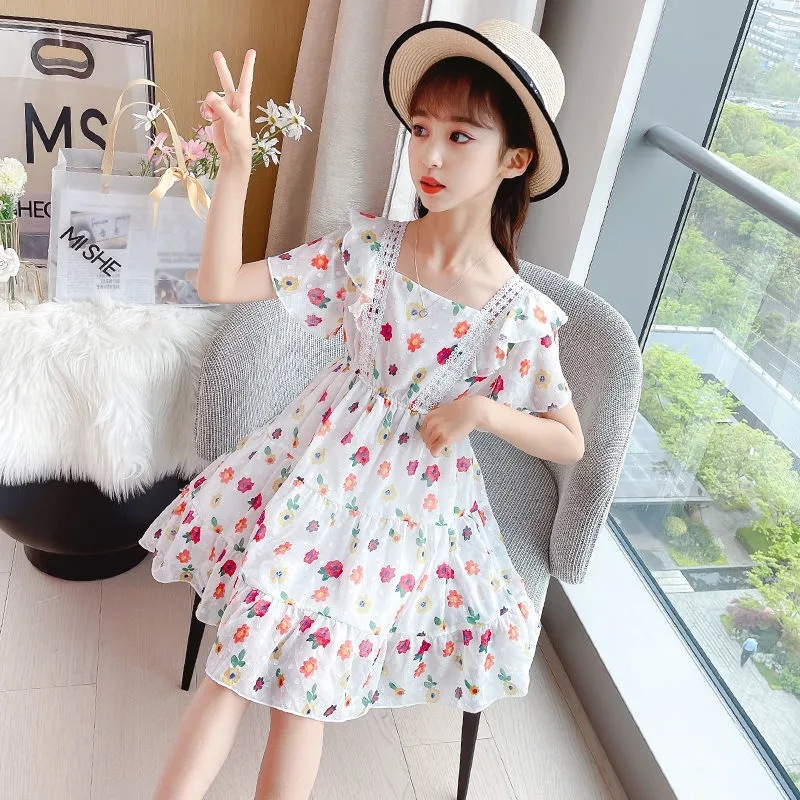 Summer Teen Girls Lace Ruffle Short Sleeve Flower Print Dress 5-16 Year Children’s Mesh Chiffon Casual Clothes robe fille enfant alx