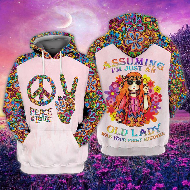 Ok Love & Peace Happy Old Lady Hippie 3D Hoodie