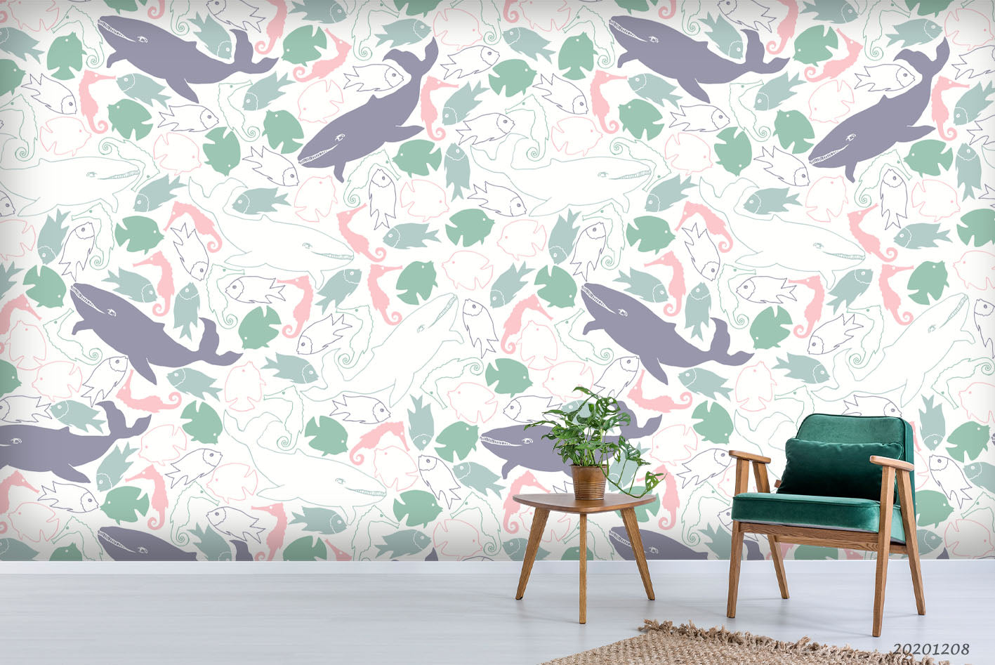 3D Hand Drawn Ocean Whale Green Fish Hippocampus Pattern Wall Mural Wallpaper Lxl