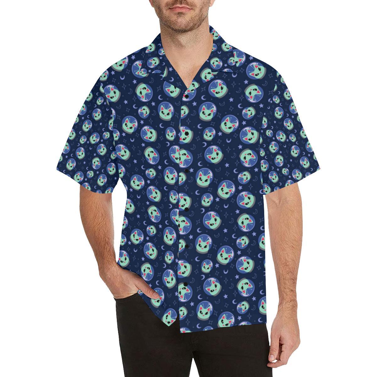 Alien Cat Hawaii Unisex Print Aloha Short Sleeve Casual Shirt Ha31501