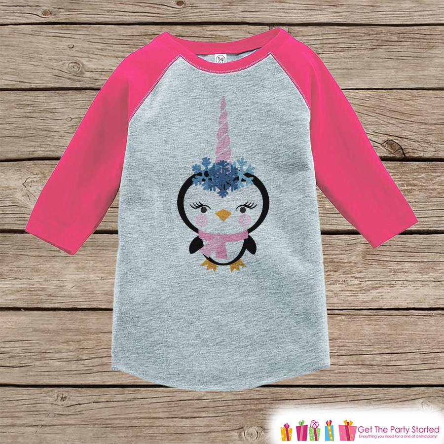 Girls Unicorn Shirt – Penguin Unicorn Shirt – Funny Winter Unicorn – Girls Onepiece or Tshirt – Baby, Kids, Toddler, Youth Pink Raglan