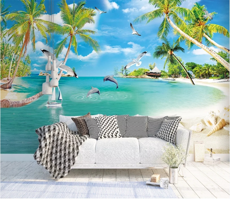 3D Landscape Sea Dolphin Beach Wall Mural Wallpaper 1267