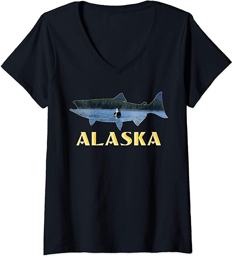 Womens Alaska King Salmon Fishing Vacation Fisherman Orca Whale V-Neck T-Shirt