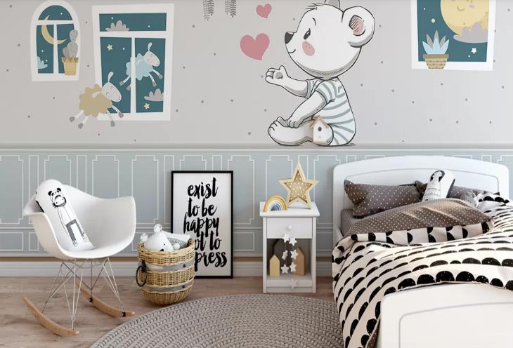 3D Hand Drawn Animal Bear Moon Star Wall Mural Wallpaper Lqh 194