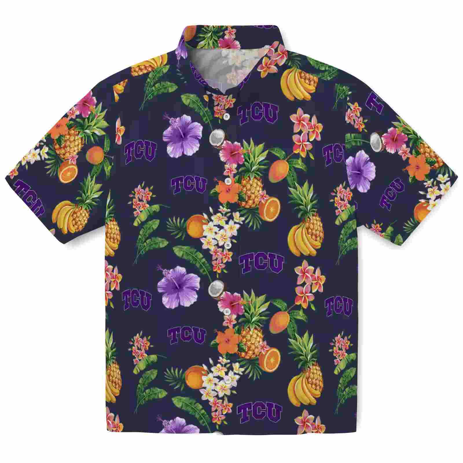 Tcu Horned Frogs Hibiscus And Fruit Navy Blue Hawaiian Shirt