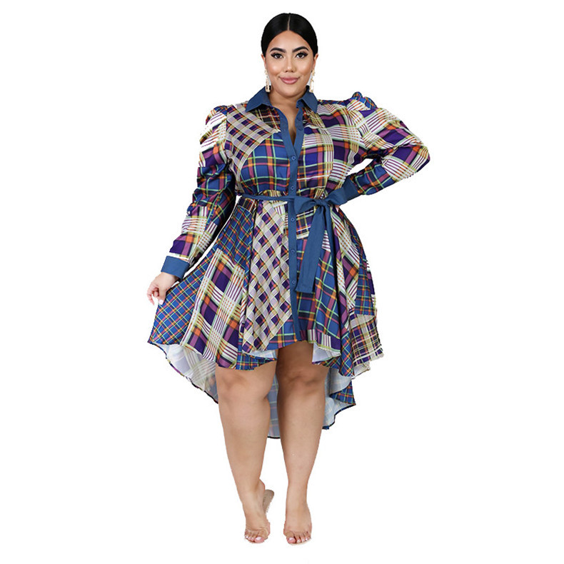 2021 Fashion Trendy Winter Long Sleeve V Neck Ladies Clothing Blue Plaid Shirt Dress Wholesale Dropshipping 6xl Plus Size Women alx