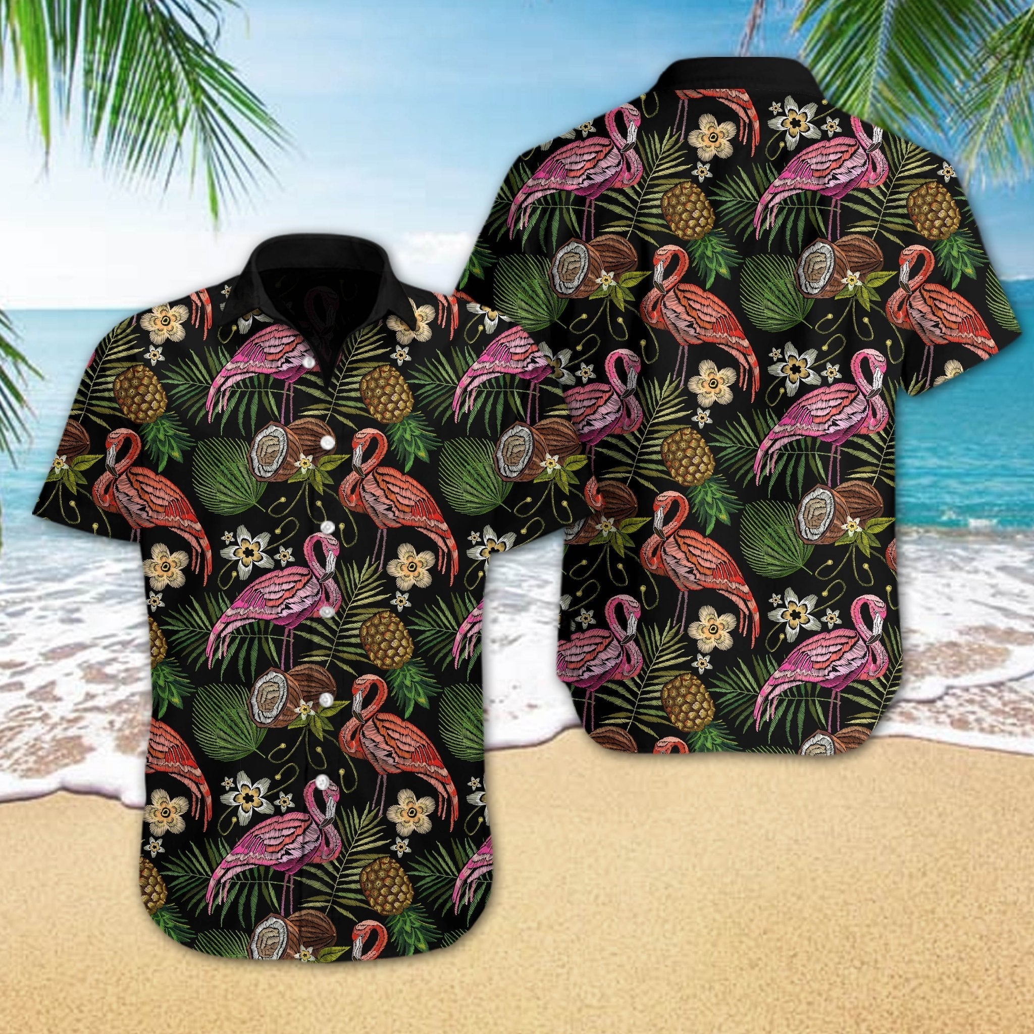 Flamingo Embroidery Hawaii Shirt Unisex Print Aloha Short Sleeve Casual Ha105639