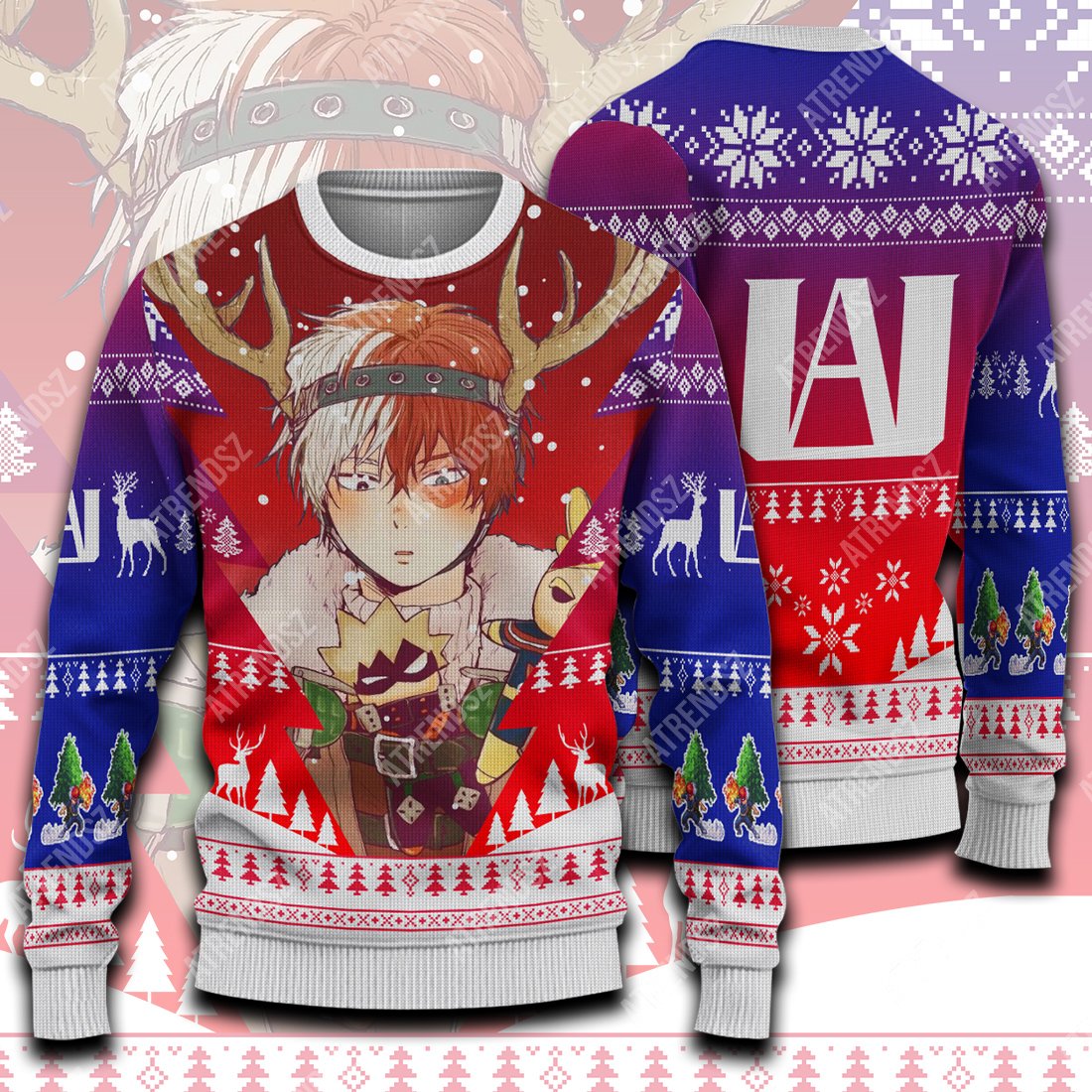 Unifinz My Hero Academia Sweater Reindeer Todoroki Shouto Blue Red White Ugly Sweater 2022