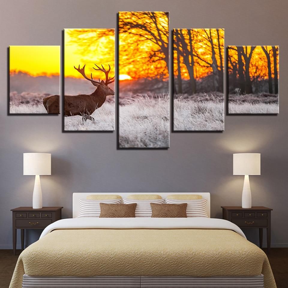 Winter Sunset Deer 1 Animal 5 Panel Canvas Art Wall Decor