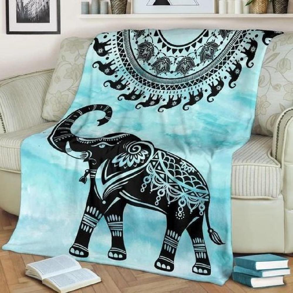 Animal Elephant Turquoise Mandala Fleece Blanket Family Gift Home Decor Bedding Couch Sofa Soft And Comfy Cozy