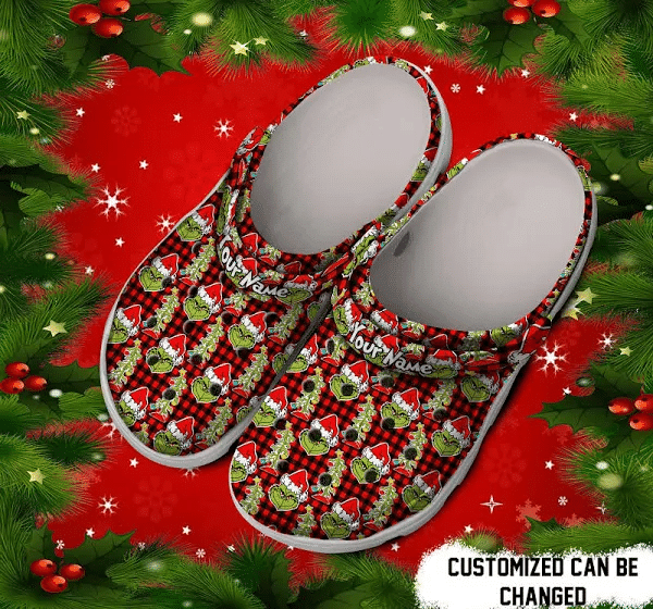 Custom Name Black & Red Tartan The Grinch Christmas Gift Clogs Shoes #L