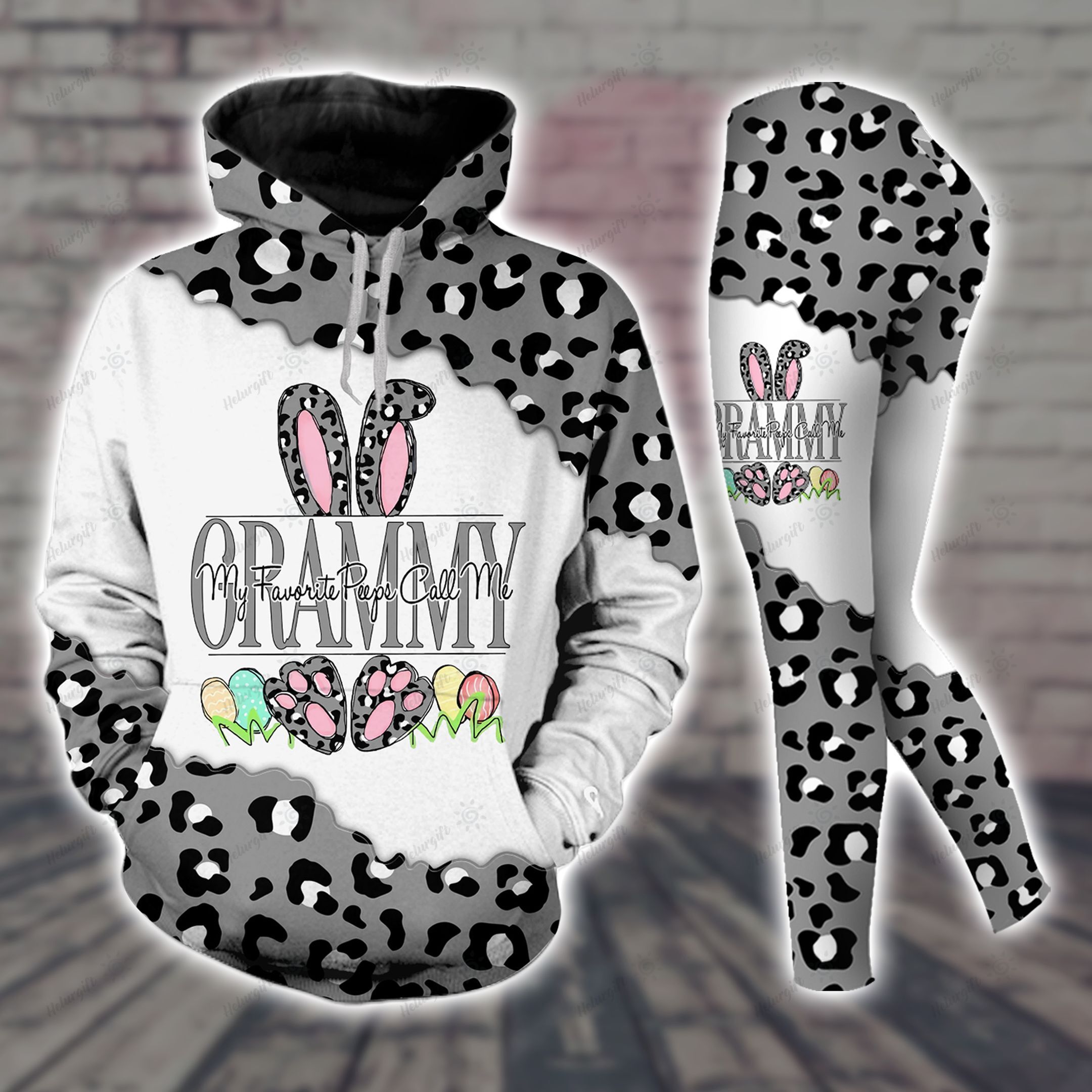 Gray Bunny Easter Leopard Hoodie Set Grammy