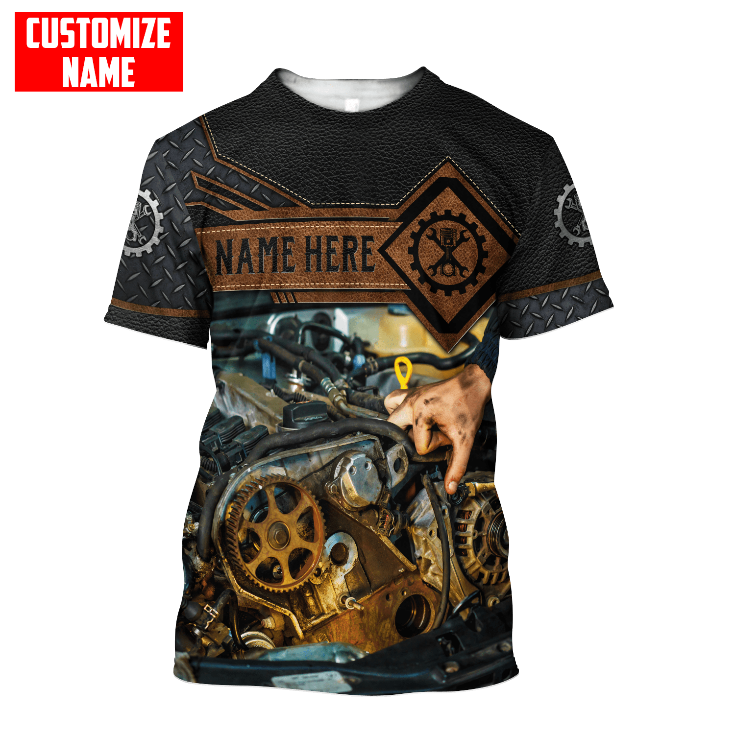 Personalized Name 3D Mechanic Shirts Leather Metal Pattern, Mechanic Shirt Custom, Mechanical Shirt