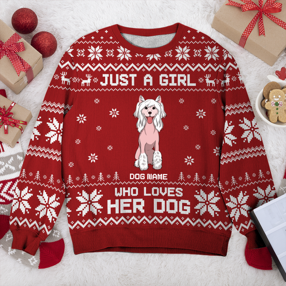 Chinese Crested Just A Girl Personalized Sweater, Dog Ugly Christmas Sweater