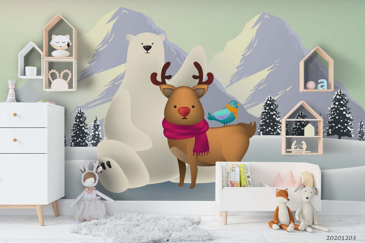 3D Christmas Reindeer Polar Bear Animal Ice Mountain Wall Mural Wallpaper Lxl