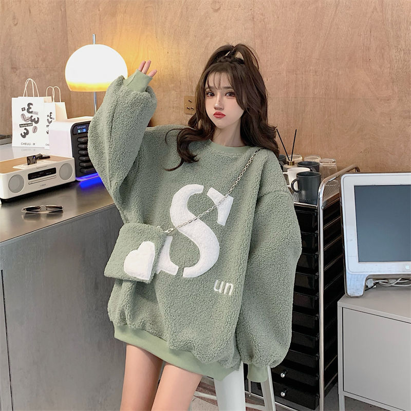 Winter Hoodie Thick Lamb Wool Letter Print Oversized Crewneck Sweatshirt Korean Fashion Loose Long Sleeve Top Kawaii Hoodie alx