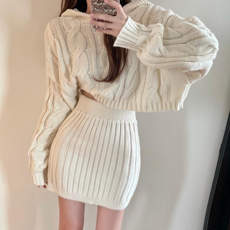 Abrini Women Ribbed Skirts Sets Knitted Hooded Sweater And High Waist Bodycon Skirt Two Pieces Sets Women 2022 Autumn Winter alx