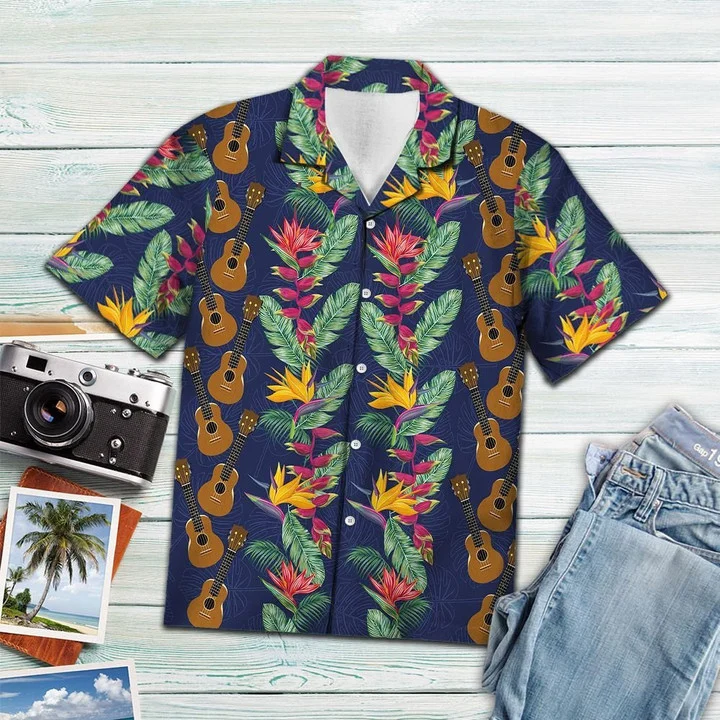 Golden Ukulele With Paradise Flowers And Leaves Hawaii Shirt Ha70013