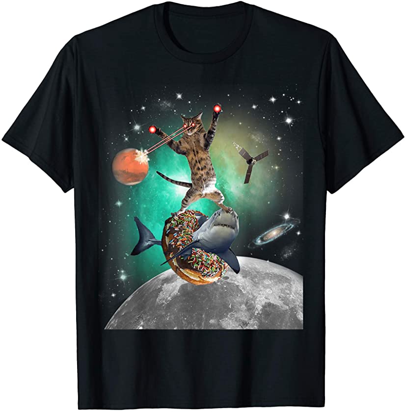 Space Galaxy Cat Shark and Donut Lasers Zapping Jupiter Gift T-Shirt