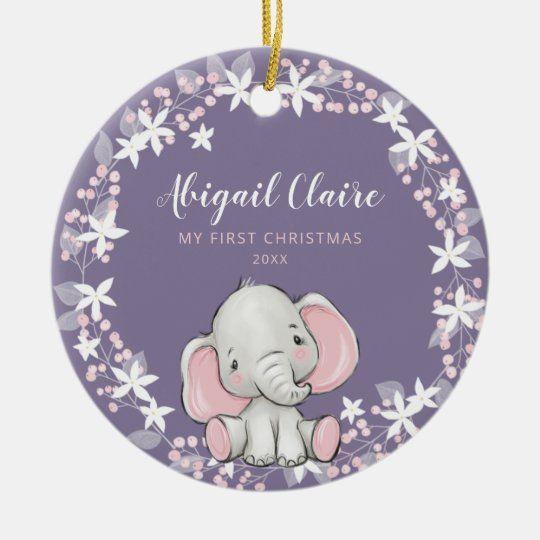 Personalized Ornament Pink Purple Floral Elephant Girl 1St Christmas Customized Ceramic Circle Ornament 1 – 2 Sided