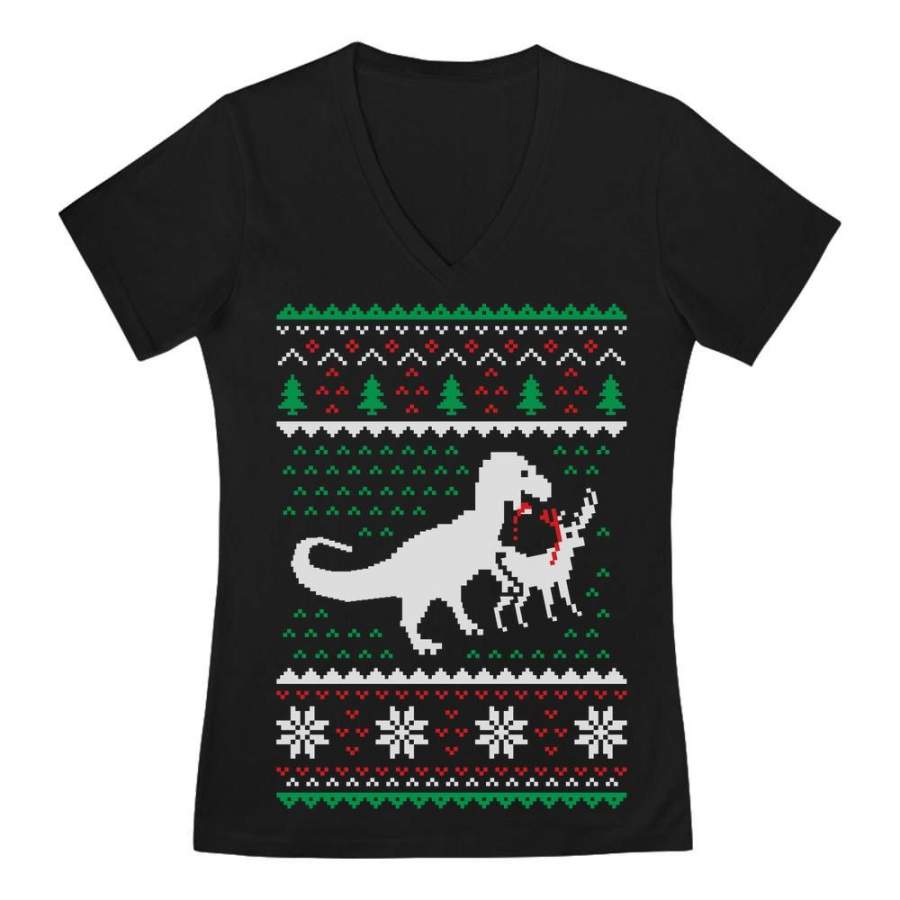 Ugly Christmas Sweater T-Rex VS Reindeer Funny Gift V-Neck Fitted Women T-Shirt