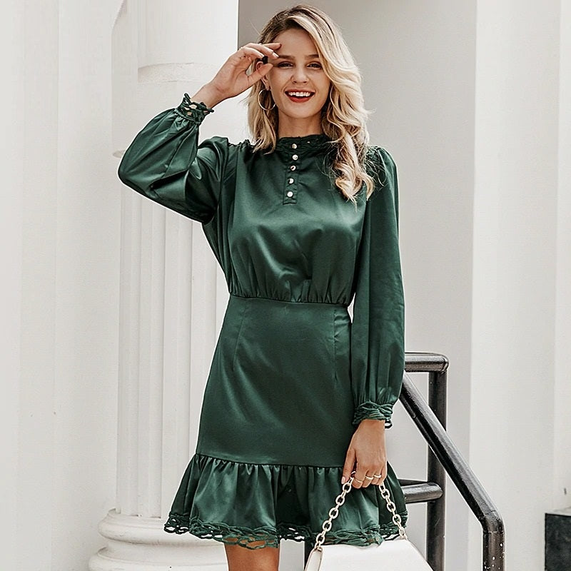 Vintage Lace Hem Ruffled Long Sleeve Stand Neck Mini High Waist Autumn Dress