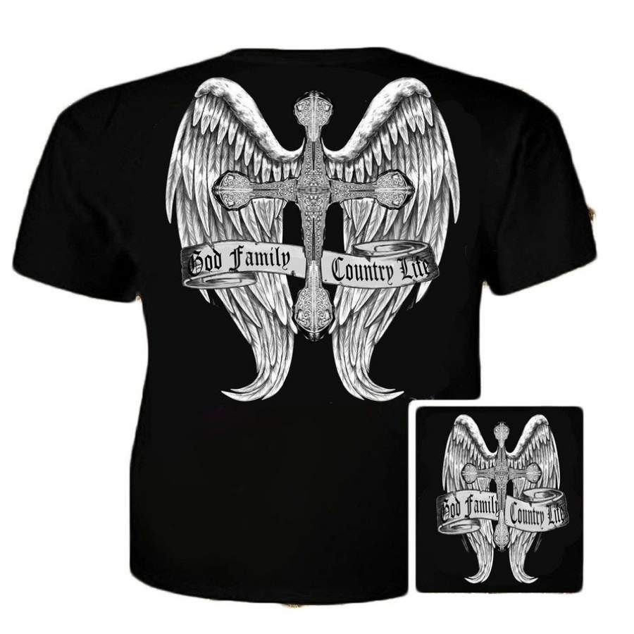 Country Life Outfitters Wings Cross God Faith Family Vintage Black Unisex Bright T Shirt