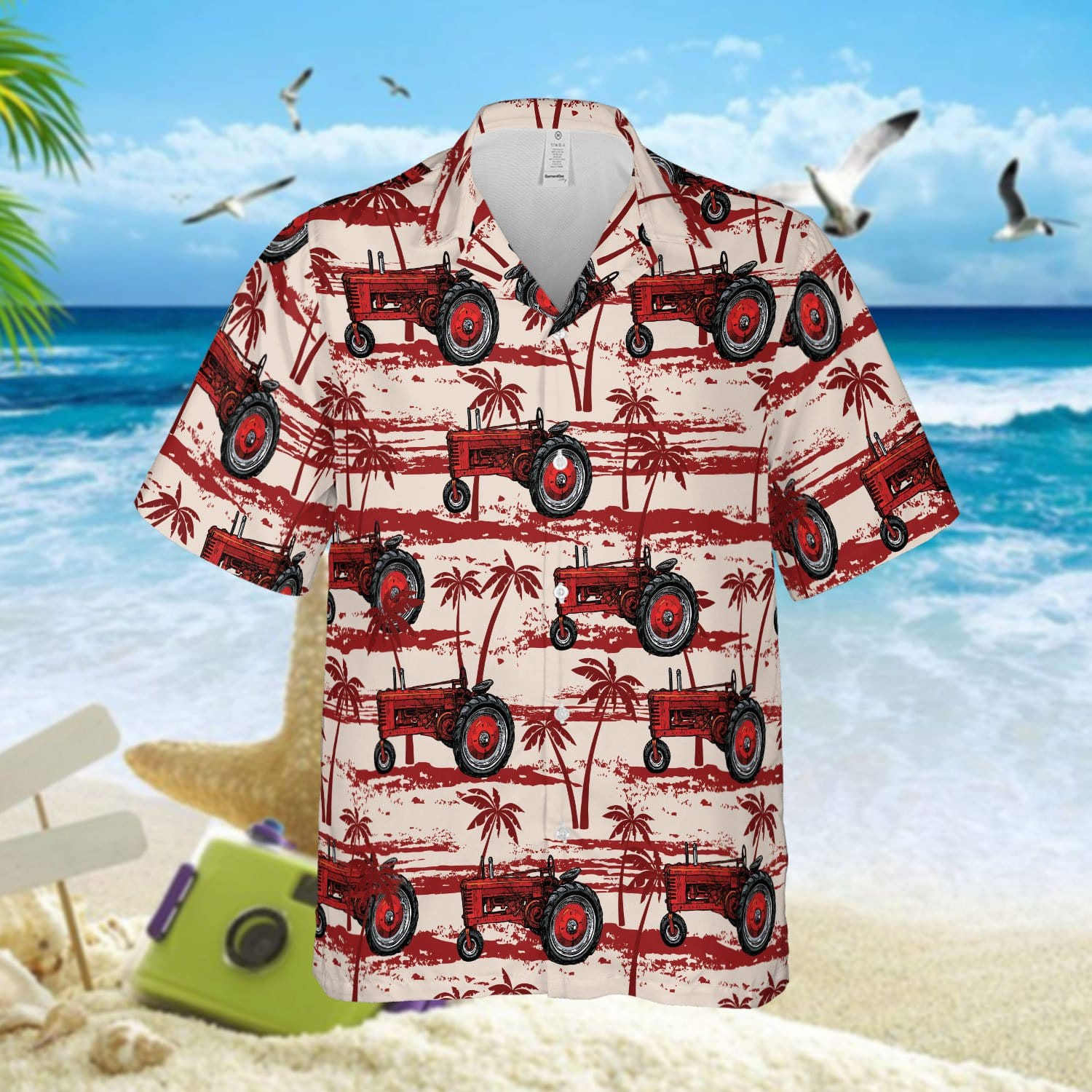 Red Tractor Palm Tree Unisex Hawaii Shirts Beach Shorts Ha33794