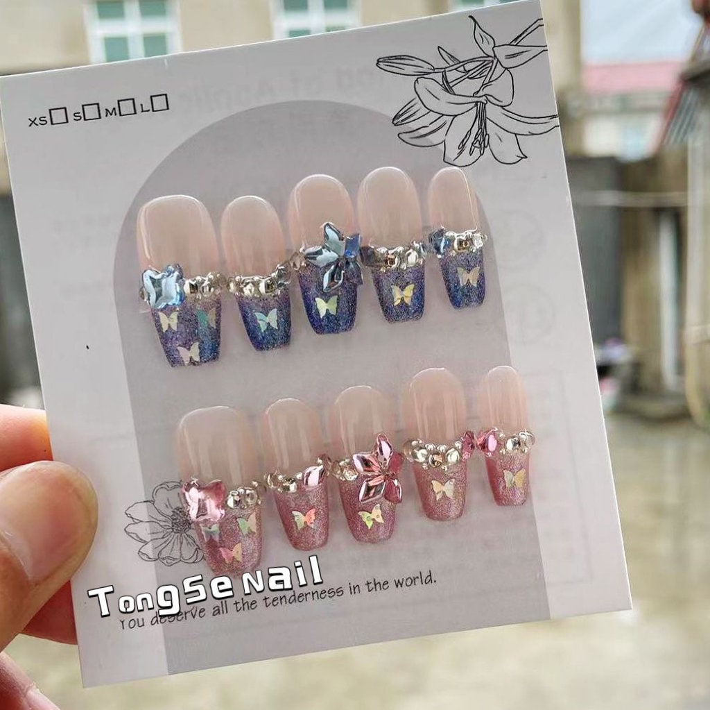 Glitter Pink And Blue French Press On Nails/ Blue and Pink rhinestones Butterfly Flower Fake Nails/ Cute Nails/ Elegant Nails #362