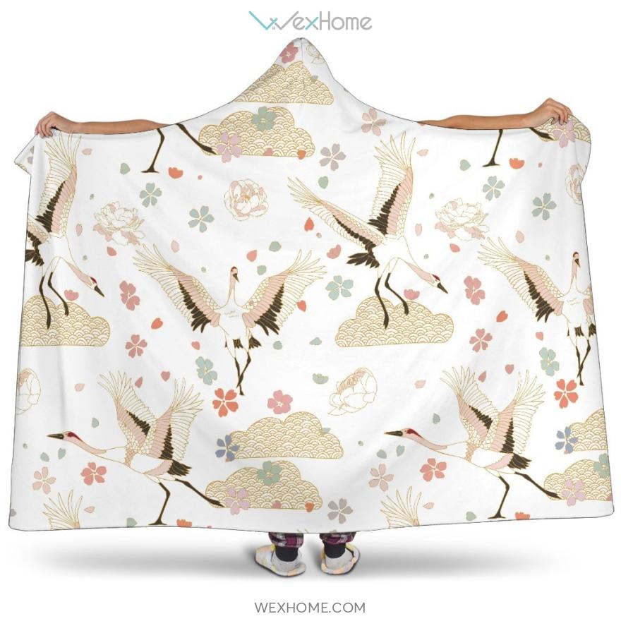 Beautiful Japanese Cranes Pattern Hooded Blanket