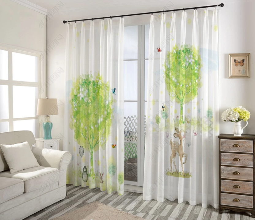 3D Hand Drawn Green Tree Animal Deer Curtains And Drapes Lqh 8