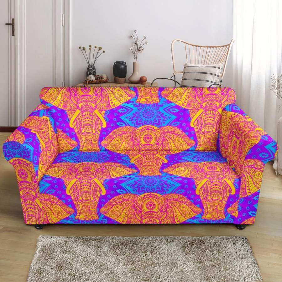 Yellow Elephant Mandala Print Loveseat Cover