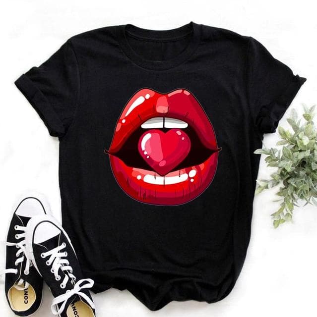 Summer Fashion Shirt Lips Leopard Graphic T Shirt Women Tops Base O-Neckblack Tees Kiss Leopard