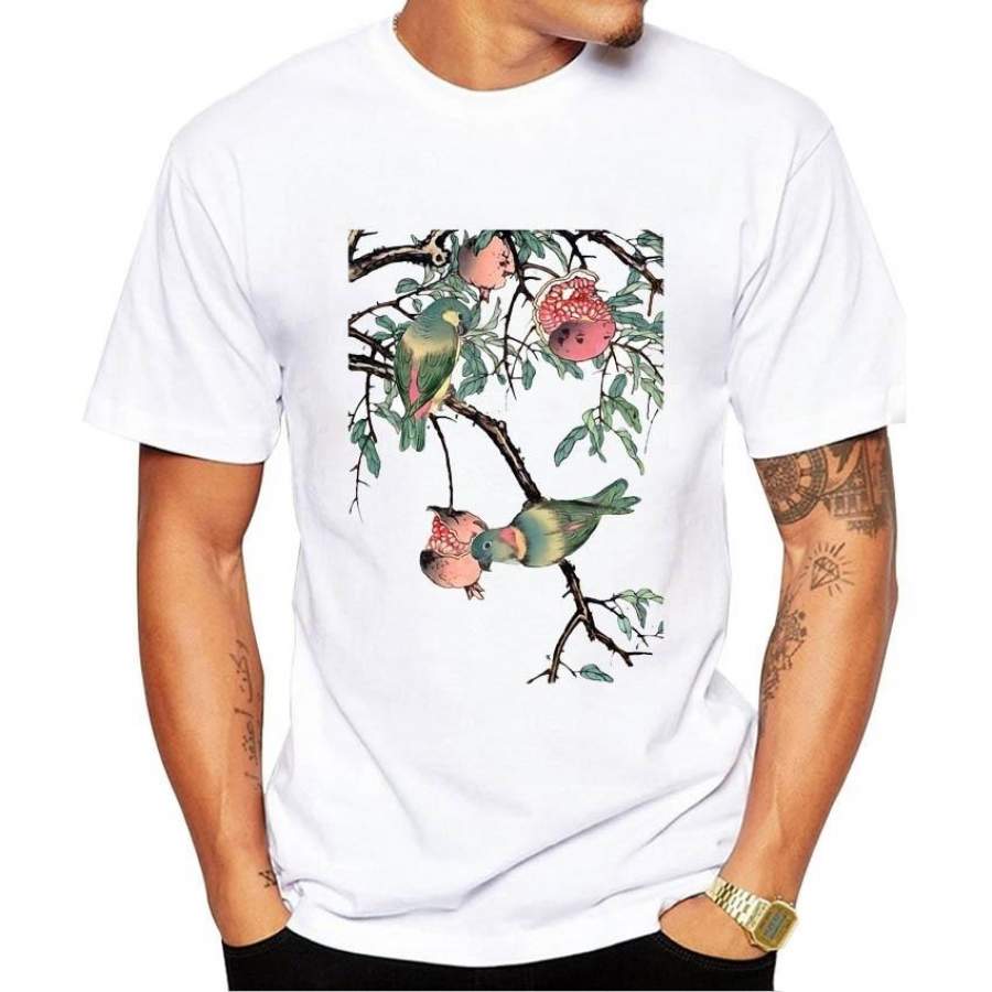 Newest Pomegranate Mens T-Shirt Men’S Birds Printed Summer Tops Tee