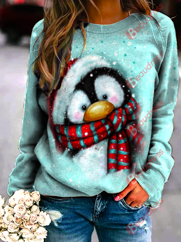 Penguin With Christmas Hat Printed Sweatshirt