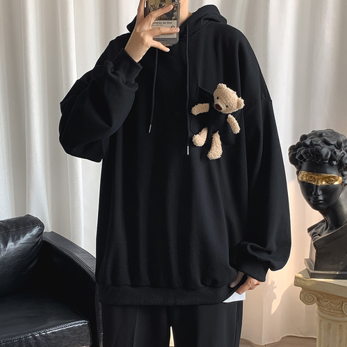 With Hat Hoodies Men Cute Teddy Bear Pocket Patchwork High Street Thicken Couples Hooded Sweatshirts Plus Size S-3XL Japan Style alx