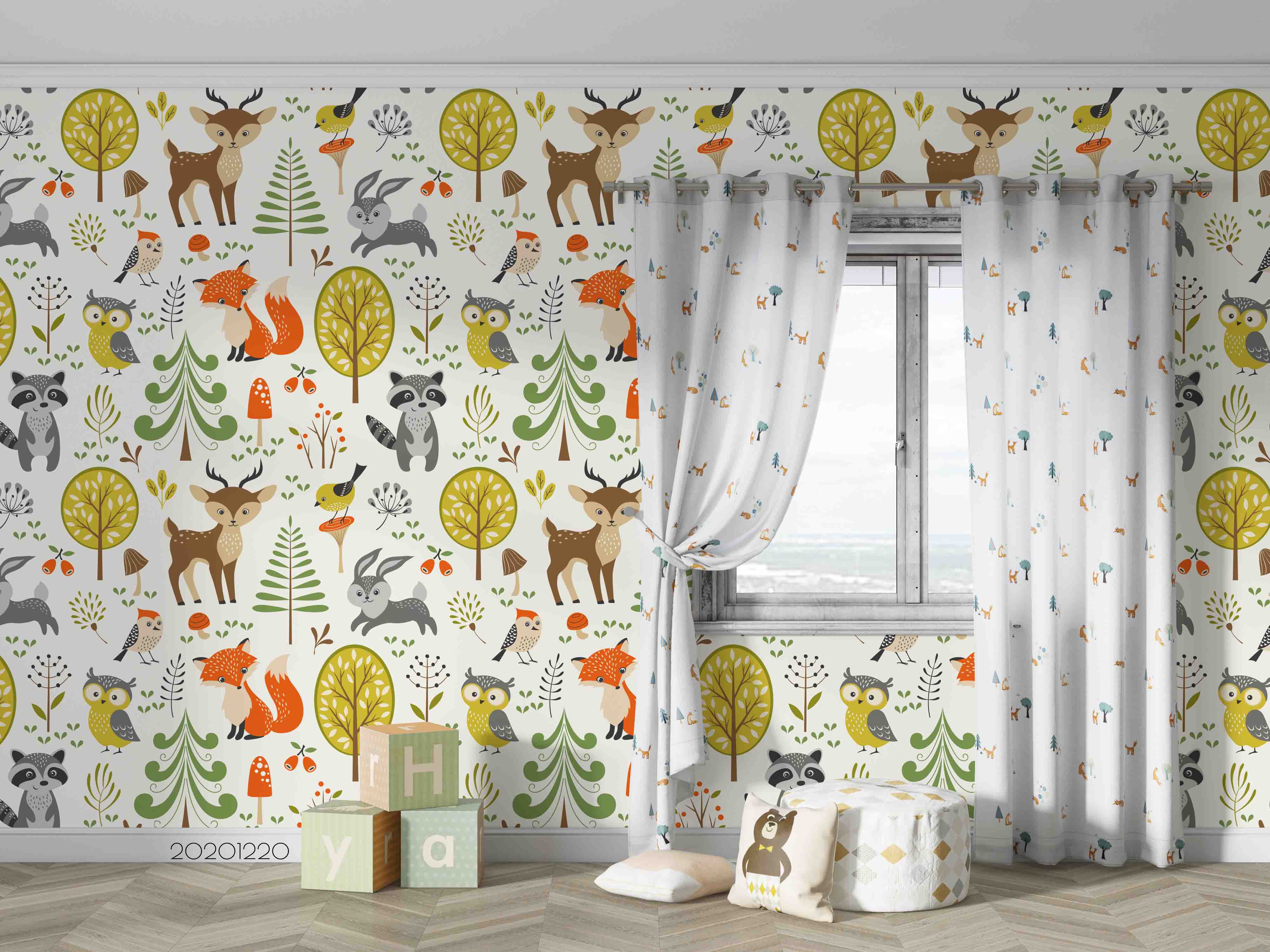 3D Hand Drawn Animal Fox Owl Forest Wall Mural Wallpaper Lqh 69