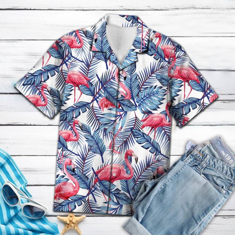 Flamingo Blue Palm Leaves Hawaiian Shirt Ha96323