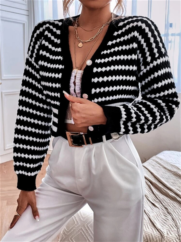 Cropped Autumn Winter Striped 2022 Fashion Print Knitted Cardigan Sweater Coat Casual Loose Women Sweaters Ladies Cardigans Tops alx