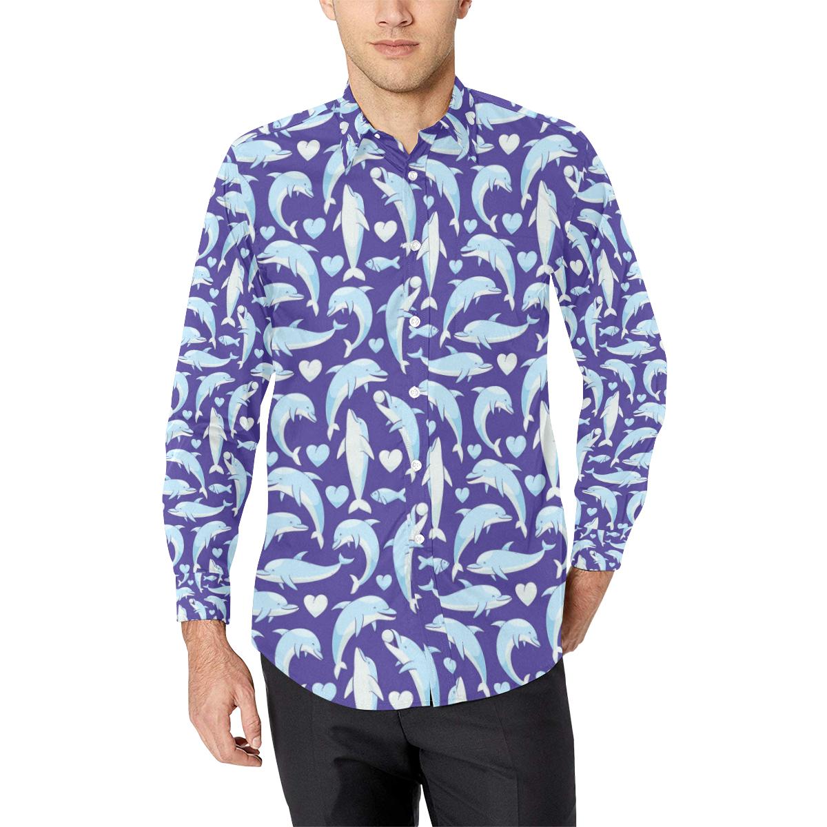 Dolphin Smile Print Pattern Long Sleeve Dress Shirt