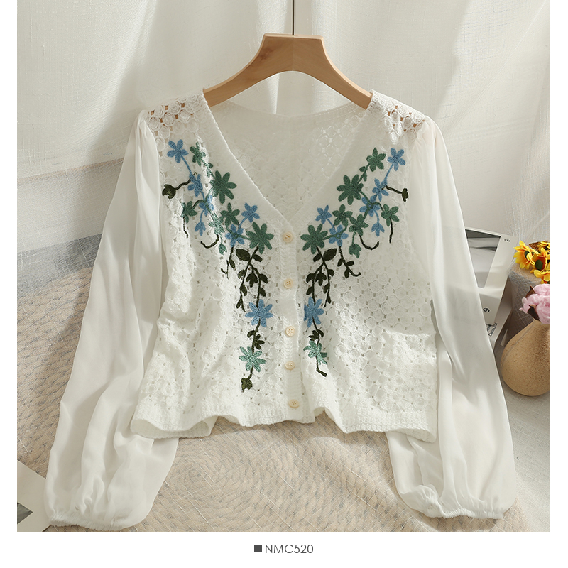 Womens Tops And Blouses Bubble Sleeve Stitched Hollowed Embroidered Floral Cardigan New Spring Summer Ladies Office Lady Shirt alx