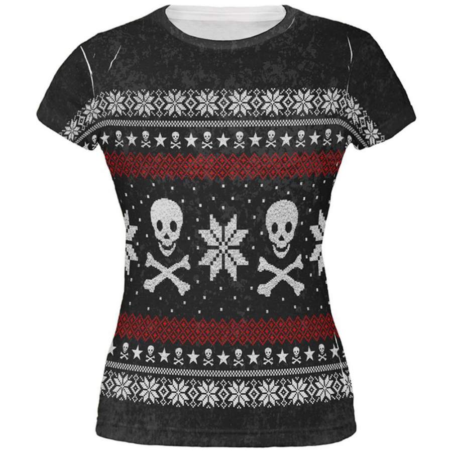 Ugly Christmas Sweater Pirate Skull and Crossbones All Over Juniors T Shirt