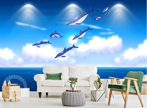 3D Hand Painted Blue Sky Ocean Dolphin Wall Mural Wallpaper 189